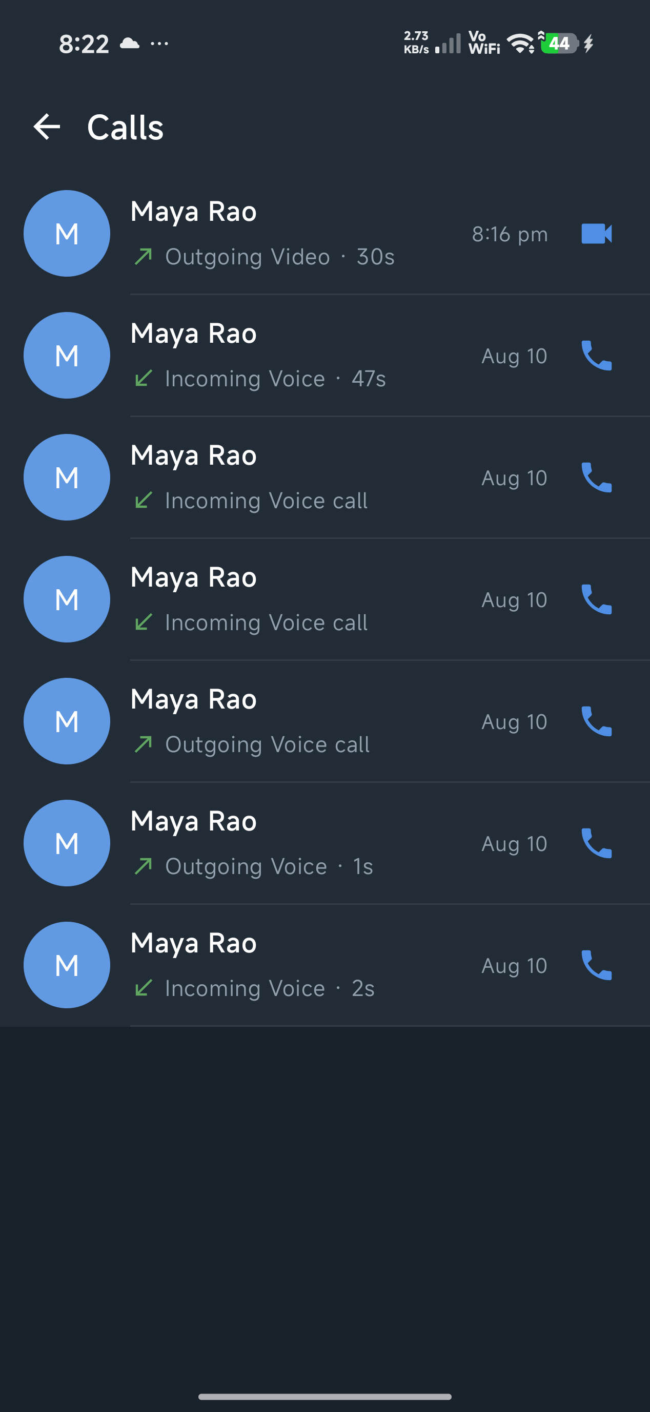 NEXVYO recent voice and video calls